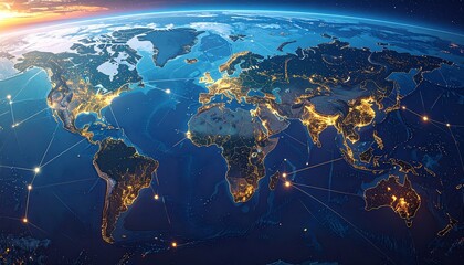 Global map with dotted lines connecting major financial centers, each featuring a prominent crypto logo