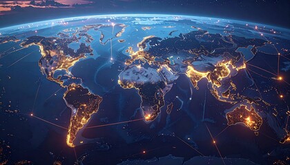 Global map with dotted lines connecting major financial centers, each featuring a prominent crypto logo