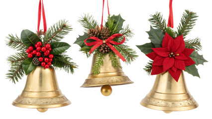 Three golden christmas bells with decoration isolated on transparent background