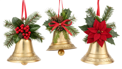 Three golden christmas bells with decoration isolated on transparent background