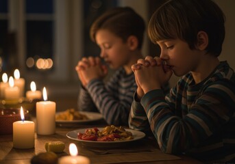 Two young boys praying silently before dinner at candlelit table. Christian family tradition and gratitude concept.