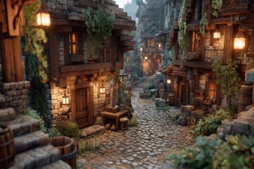 Medieval Village Street At Dusk Stone Structures, Cobblestone Path, And Warm Illumination