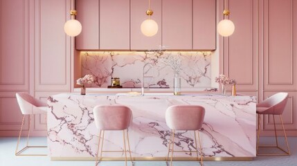 Elegant Pink Kitchen Modern Marble Island Soft Lighting Stylish Interior