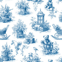 Editable Vector Baby Theme Blue Toile Christmas Seamless Pattern 9 with Teddy Bears, Toys, Trees and Gift Boxes. Hand-drawn baby theme Christmas design with teddy bears, rocking horse, toys, Christmas