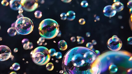 Shimmering soap bubbles drift across dark stage lights, iridescent colors and dreamy movement creating magical celebration visuals and festive overlays. - Powered by Adobe