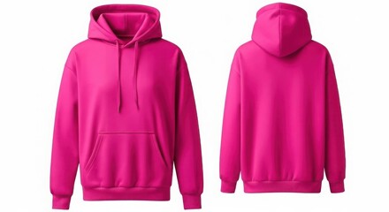 Bright pink hoodies front and back view isolated on white