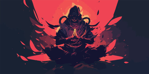 A figure in dark clothing sits cross-legged, hands in a prayer position, surrounded by swirling red hues and petals. The scene conveys serenity amidst chaos.