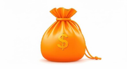 Orange drawstring bag filled with money symbols