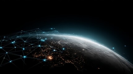 Highangle view of stylized earth with glowing city lights and interconnected blue nodes forming a global web over a dark starry background, representing connectivity and technology, with space for te