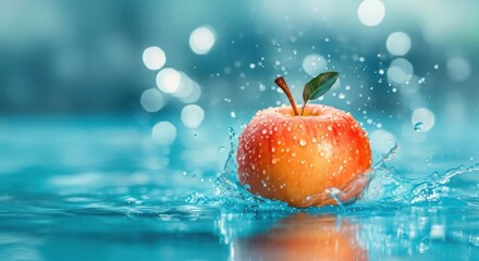 Juicy red apple splashing in refreshing water