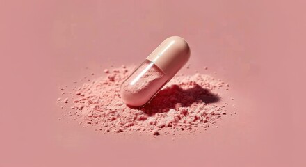 Pink cosmetic capsule resting on powdered makeup