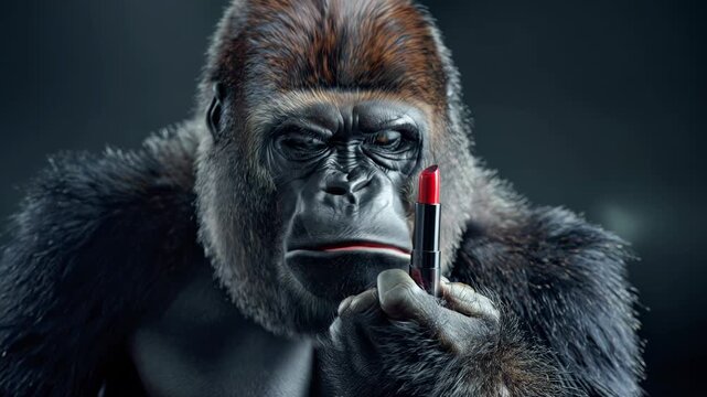 Majestic gorilla holds bold red lipstick with knowing gaze, a witty culture clash for beauty campaigns, ethical debates, and viral social content.
