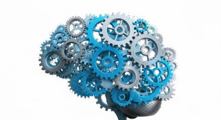 Intricate gears forming a mechanical brain on a white background
