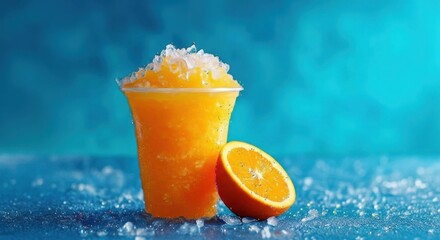 Refreshing orange slushy drink with fresh orange slice and ice