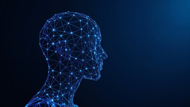 AI Human Head digital face showing blue network and futuristic tech background