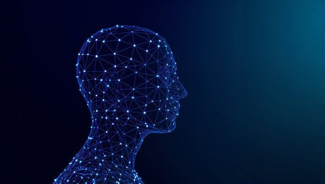 AI Human Head wireframe with glowing blue lines and digital face on dark background - Powered by Adobe