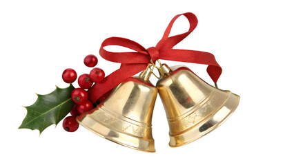 Two golden christmas bells with red ribbon isolated on transparent background