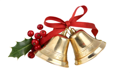 Two golden christmas bells with red ribbon isolated on transparent background