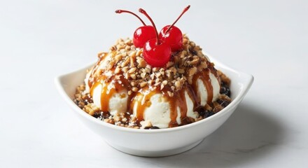 Delicious ice cream sundae topped with cherries and nuts