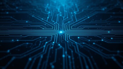 Technology digital network with glowing blue lines and bright light in dark background