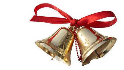 Two golden christmas bells with red ribbon isolated on transparent background