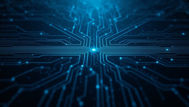 Technology digital network with glowing blue lines and bright light in dark background