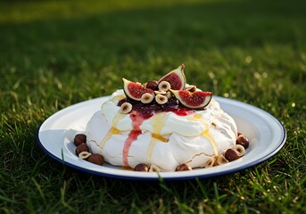 Delicious fig and hazelnut pavlova dessert
