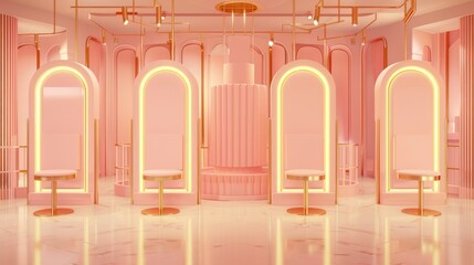 Elegant Pink Modern Lounge Interior with Neon Arches and Circular Seating