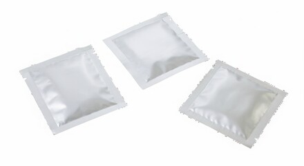 Three small white sealed packets arranged on a white background