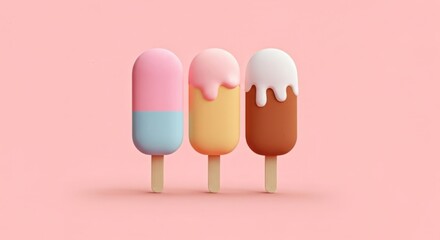 Three colorful ice cream bars with dripping toppings on a pink background