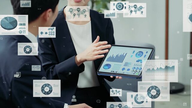 オフィスで会話するビジネスパーソンのグループとビジネスデータのコンセプト