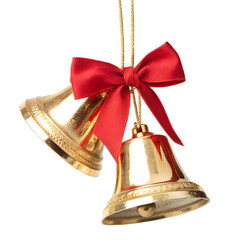 Two golden christmas bells with red bow isolated on transparent background