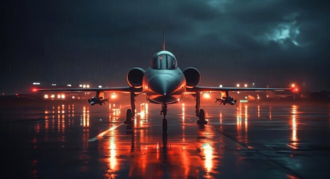 Fighter jet on wet runway illuminated by red lights at night