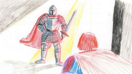 Fototapeta premium Epic fantasy warrior in ornate armor holding a sword faces a mysterious figure illustration