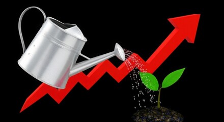 Watering can nurturing growth on upward trending red arrow