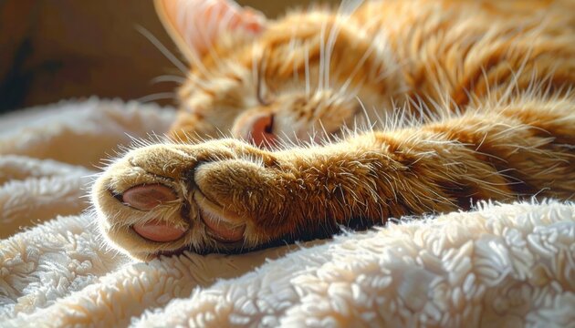 A close-up view of a ginger cat's paw resting on a soft, textured blanket, showcasing delicate details of the fur and the paw pads.