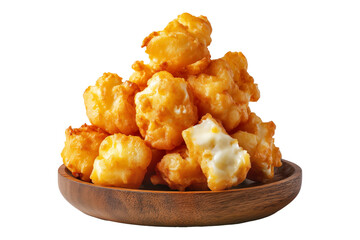 Deep-fried cheese curds balls served in wooden bowl, isolated on white transparent background. Concept of United States traditional dishes snack food