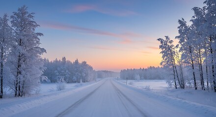 Obraz premium Winter road sunrise landscape