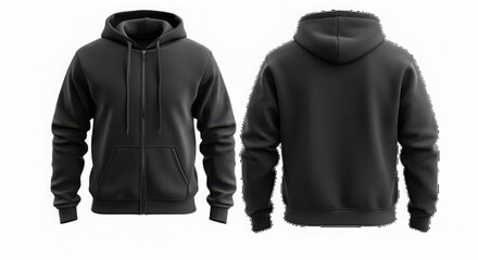 Front and back view of a plain black hooded sweatshirt