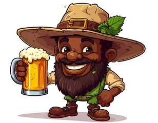 A jovial, bearded cartoon man in a wide-brimmed hat holds a beer