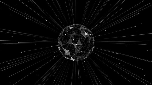 Abstract animation glowing plexus sphere of interconnected lines and points, radiating streams of particles. for technology visuals, futuristic backgrounds, data networks, and digital science projects