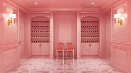 Elegant Pink Wine Cellar with Two Chairs and Marble Floor