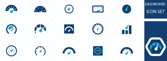 Speedometer icon set. Speed indicator. Gauge, dashboard, tachometer, scale. Speedometer icon with arrow. Editable stroke line icons