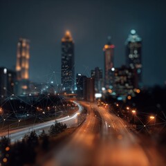 Obraz premium A nighttime cityscape, illuminated by lights and flowing car trails, overlaid with a network connecting the urban structures.