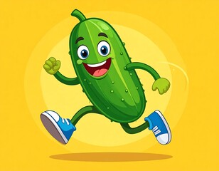 A jovial cucumber cartoon character, depicted mid-stride in a dynamic run, against a bright yellow backdrop