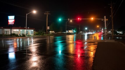 Fototapeta premium Vibrant night traffic and reflections on wet urban street with colorful lights and copy space in side composition