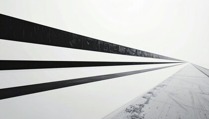 Fototapeta premium A black and white perspective view of parallel horizontal bands on a white surface, creating a sense of depth and architectural design.