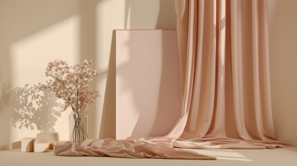 Elegant Soft Pink Fabric Drapes with Vase of Dried Flowers and Minimalist Decor in Neutral Tones