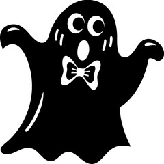 Naklejka premium Cartoon ghost with bow tie and expressive face is depicted in playful manner, perfect for Halloween themes. ghost whimsical design adds fun and spooky touch to any festive decoration