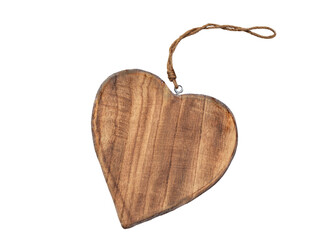 closeup on decorative wooden shape  heart  with string  isolated on transparent background